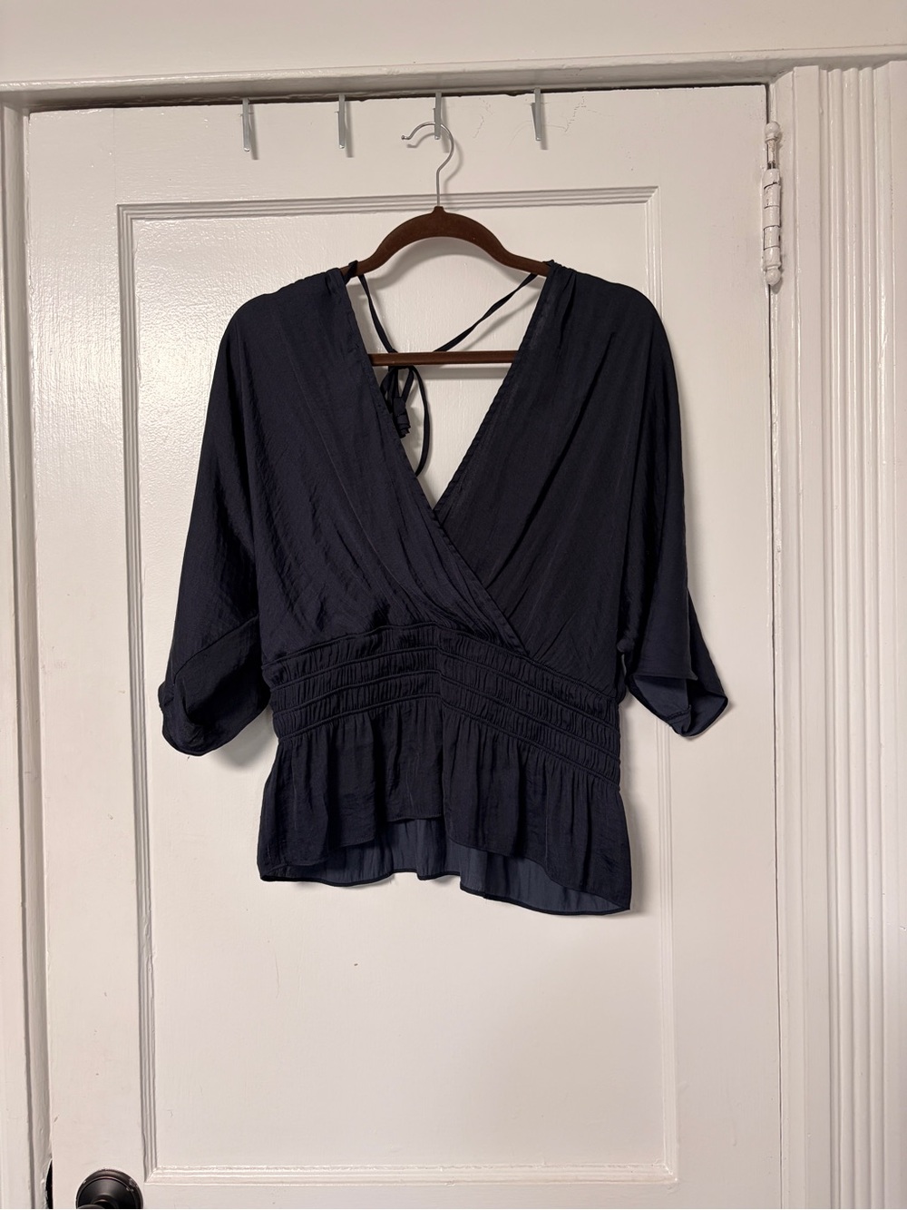 Pookie & Sebastian Deep Navy Surplice Peplum Blouse with Back Tie